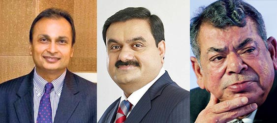 தமது நிறுவனங்களின் சொத்துக்களை விற்றாவது கடனை அடைக்க வேண்டிய நிலைக்குத் தள்ளப்பட்டிருக்கும் தரகு முதலாளிகள் (இடமிருந்து) அனில் அம்பானி, கௌதம் அதானி மற்றும் சசி ரூயா.