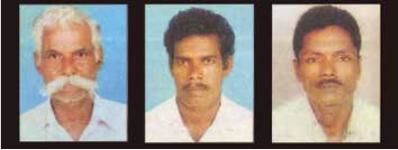 விதைத்த நெற்பயிரைக் காப்பாற்ற முடியாத துயரத்தால் அகால மரணமடைந்த விவசாயிகள் (இடமிருந்து) கோவிந்தராஜ், ராஜேஷ்கண்ணன், அழகேசன்.