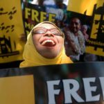 A supporter of former Maldivian president Mohamed Nasheed shouts slogans during a protest against the current president of the Maldives Abdulla Yameen, demanding the release of opposition political prisoners in front of the Maldives embassy in Colombo
