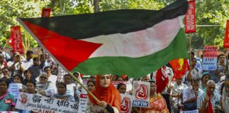 அக்டோபர் 7, 2024 அன்று காஸாவில் உடனடி போர்நிறுத்தம் மற்றும் இஸ்ரேலுக்கு எதிரான போராட்டத்தின் போது இந்தியாவின் புது தில்லியில் ஒரு எதிர்ப்பாளர் பாலஸ்தீனியக் கொடியை அசைத்தார்.